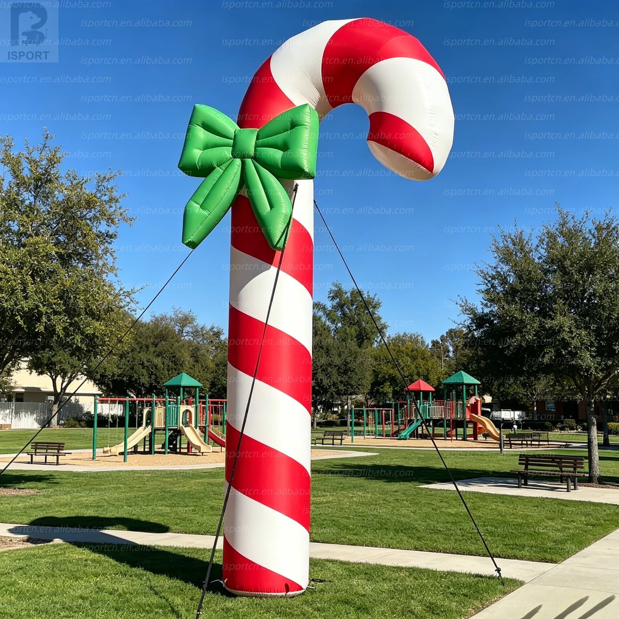 Giant LED Glowing Inflatable Candy Cane with Green Bow
